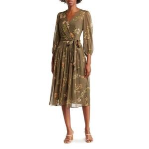 Calvin Klein Garden Party Floral Wrap Midi Dress Size 14 –Chiffon, Tie Waist NWT